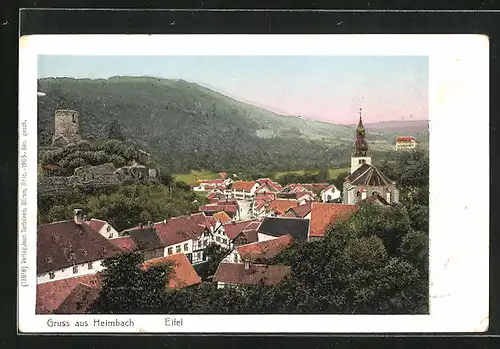 Goldfenster-AK Heimbach i.d. Eifel, Blick über den gesamten Ort auf die Burg und die Kirche