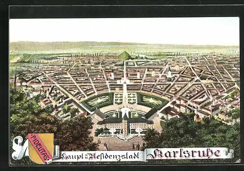 AK Karlsruhe, Blick über das Schloss auf die gesamte Stadt