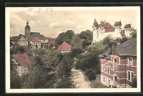 AK Tecklenburg, Stadtvillen mit Blick zur Kirche und hinauf zum Schloss
