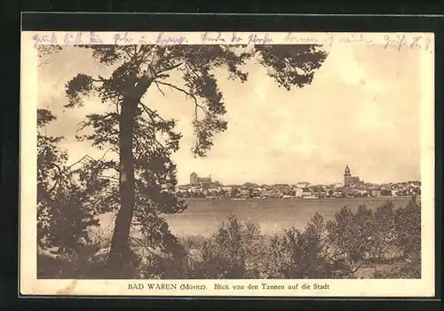 AK Bad Waren, Blick von den Tannen auf die Stadt