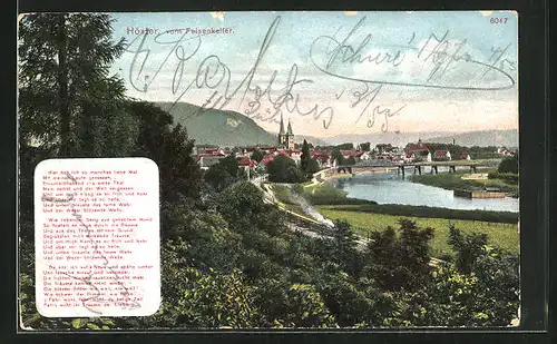 AK Höxter, Stadtansicht mit Felsenkeller und der Brücke über den Fluss