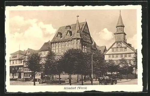 AK Allendorf a.d. Werra, Pferdegespann am Brunnen auf dem Marktplatz