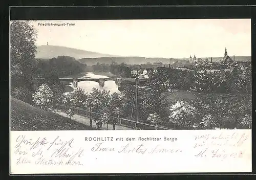 AK Rochlitz, Ortspanorrama, mit der Brücke über den Fluss und dem Rochlitzer Berge, Friedrich-August-Turm