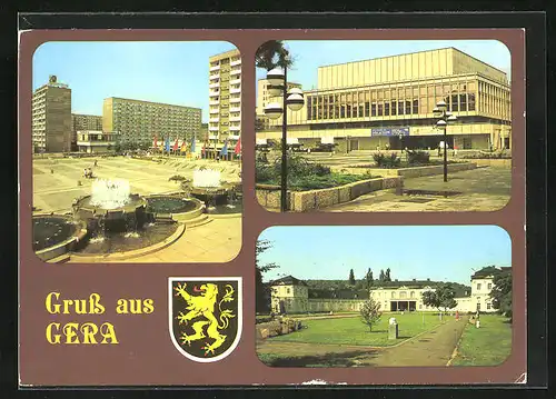 AK Gera, moderne Architektur, Stadtwappen, Blick vom Kulturpalast zur Dr. Rudolf Breitscheid-Strasse