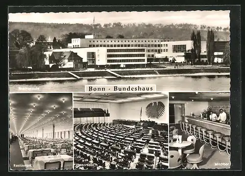 AK Bonn, moderne Architektur, Bundeshaus, Rheinansicht, Plenarsaal, Restaurant, Milchbar