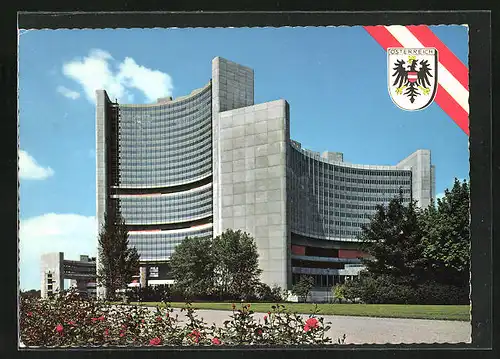 AK Wien, moderne Architektur, die neue Uno-City nördlich der Donau, Wappen