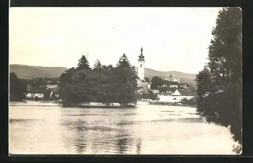 AK Pisek, Partie am Ufer der Wottawa mit Blick zur Kirche
