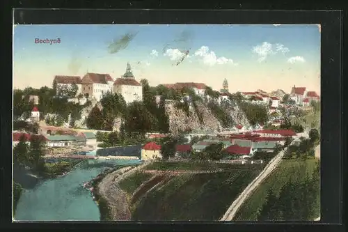 AK Bechyne, Blick auf das Schloss über der Ortschaft und dem Fluss