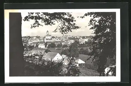 AK Dacice, Gesamtansicht der Stadt vom Waldrand aus, Blick zum Schloss