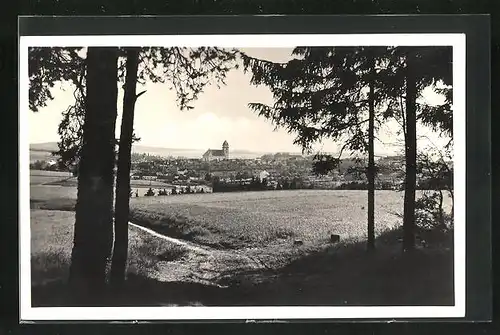 AK Dacice, Blick über die Felder zur Stadt und zur Kirche