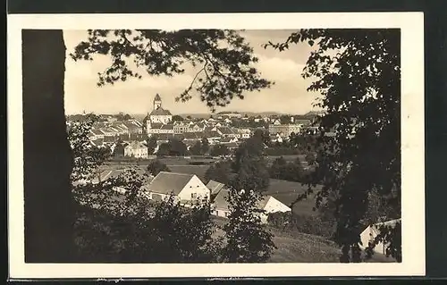 AK Dacice, Stadttotale vom Waldrand aus, Blick zum Schloss