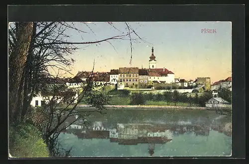 AK Pisek, Blick über die Wottawa zur Kirche in der Stadt