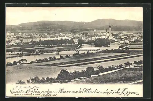 AK Pisek, Stadttotale mit der Brücke über die Wottawa