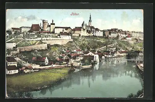 AK Tabor, Brücke über die Lainsitz, Blick hinauf zum Schloss und zur Kirche