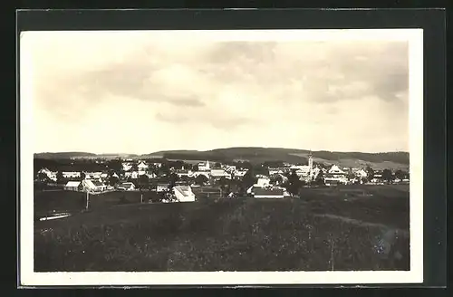 AK Nova Bystrice, Stadtpanorama mit der Kirche und den Wohnhäusern vom Feld aus