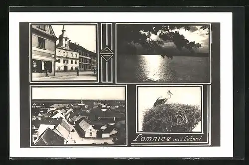 AK Lomnice n. Luznici, Blick über den Hauptplatz und den Ort, Storchennest vor dem Rathaus