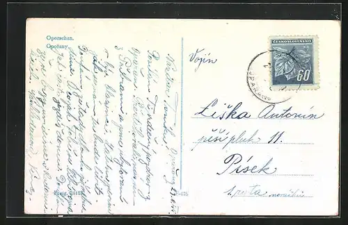 AK Oparany, Blick vom Teich auf die Wohnhäuser