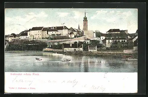 AK Pisek, Kralovske, Blick vom Ufer zur Kirche und Stadt