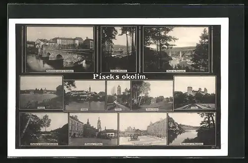 AK Pisek, Celkovy Pohled, Z lesa Hradiste, Kamenny most s hradem, Orlik, Na Otave u Martinka