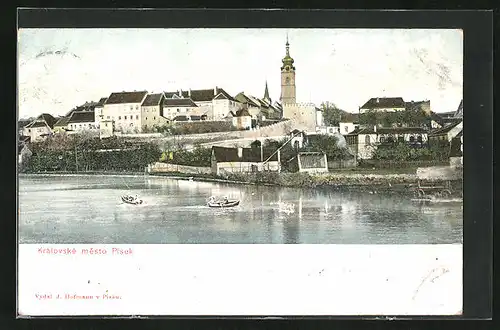 AK Pisek, Kralovske Mesto, Blick auf die Kirche und die alte Stadtmauer