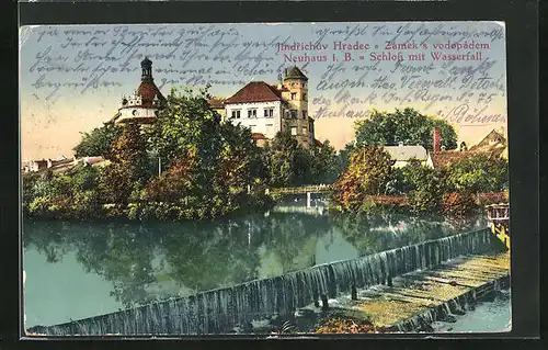 AK Neuhaus / Jindrichuv Hradec, Schloss mit Brücke über den Wasserfall