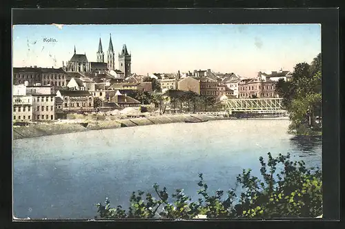 AK Kolin, Partie an der Elbe, Kirche und Brücke