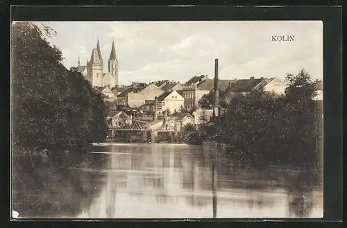 AK Kolin, Blick über die Elbe zur Brücke und zur Kirche