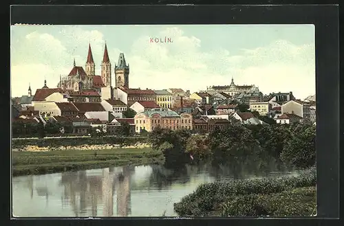 AK Kolin, Stadtansicht vom Elbeufer aus, Blick zur St.-Bartholomäus-Kirche
