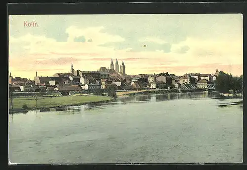 AK Kolin, die St.-Bartholomäus-Kirche vom Elbeufer aus gesehen