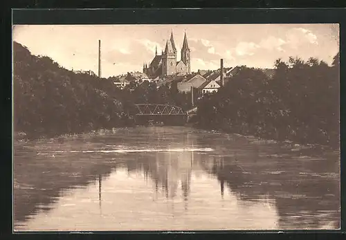 AK Kolin, Blick zur Brücke und zur St.-Bartholomäus-Kirche dahinter