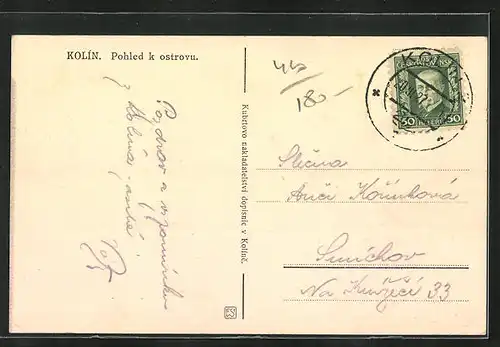 AK Kolin, Blick zur Brücke und zur St.-Bartholomäus-Kirche dahinter