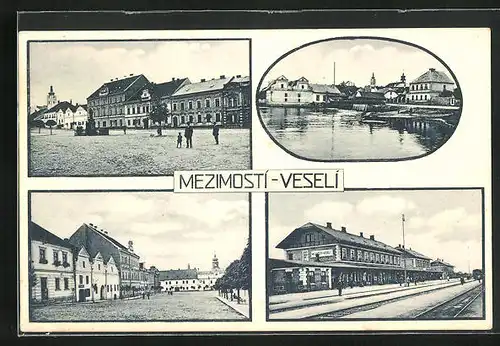 AK Mezimosti, Bahnhof, Strassenpartie & Marktplatz