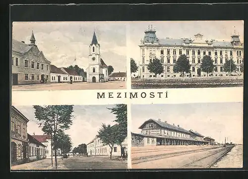AK Mezimosti, Bahnhof, Marktplatz und Strassenpartie