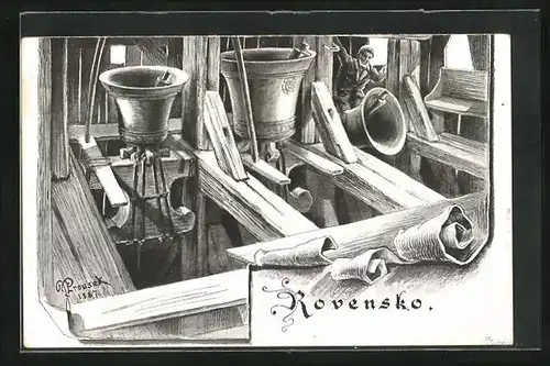 Künstler-AK Rovensko, Innenansicht im Glockenturm