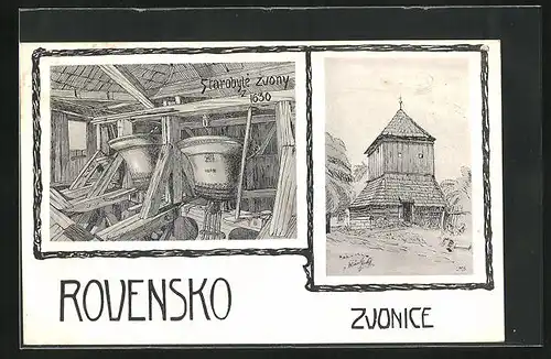 Künstler-AK Rovensko, Zvonice, Starobyle Zvony z 1630, Glocken