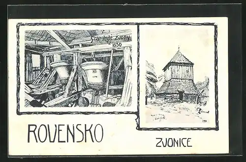 Künstler-AK Rovensko, Zvonice, Starobyle Zvony z 1630, Glocken