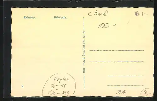 AK Rakonitz / Rakovnik, Panorama und Bauern bei der Hopfenernte
