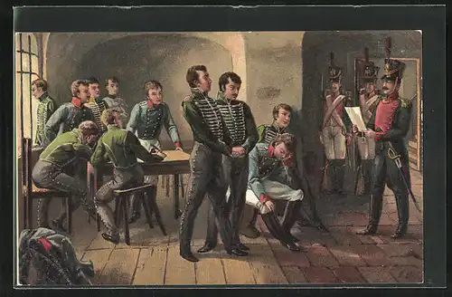 Künstler-AK Verkündigung des Todesurteils an die elf Schill`schen Offiziere 1809