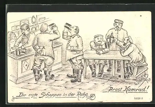 Künstler-AK sign. G. Scheffler: Der erste Schoppen in der Ruhe, Prost Kamerad!