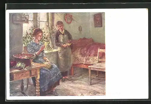 Künstler-AK sign. Ernst Nowak: Gute Nachricht, junge Frau liest einen Brief