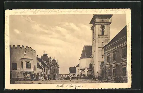 AK Mor. Budejovice, Strassenpartie mit Geschäften und Kirche