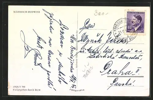 AK Mährisch Budwitz, Geschäftszeile in einer Strasse