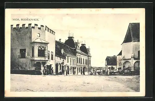 AK Mor. Budejovice, Strassenpartie mit Geschäften