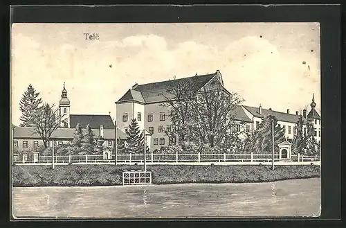 AK Telc, Flusspartie mit Gebäude bei der Kirche