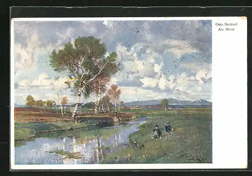 Künstler-AK Otto Strützel: Am Moor, Blumepflückerinnen am Flussufer