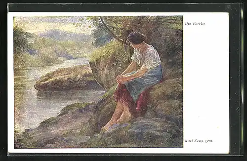 Künstler-AK Carl Zewy: Die Froelle, Fräulein sitzt am Flussufer auf Steinen