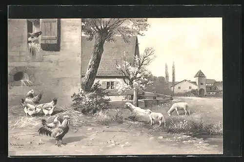 Künstler-AK Alfred Schönian: Schafe und Hühner vor dem Bauernhaus