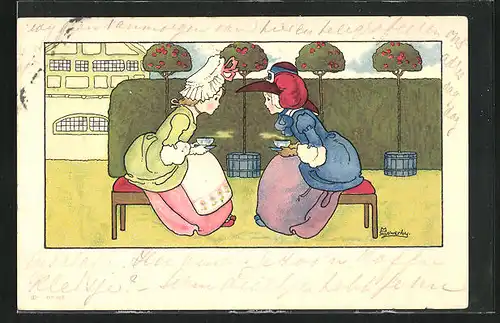 Künstler-AK Millicent Sowerby: zwei junge Frauen in barocken Kleidern sitzen bei Tee zusammen