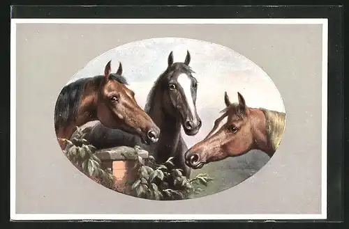 Künstler-AK Carl Reichert: drei Pferde an einer Mauer stehend