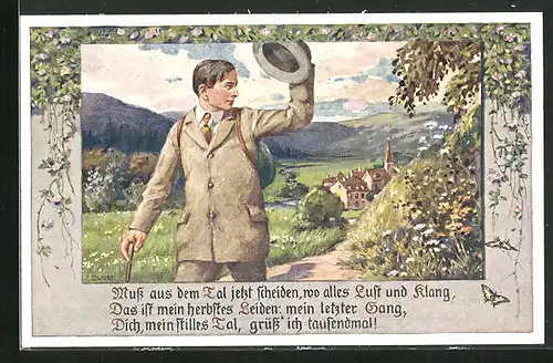 Künstler-AK sign. J. Durst: Wandersmann winkt zum Abschied mit dem Hut